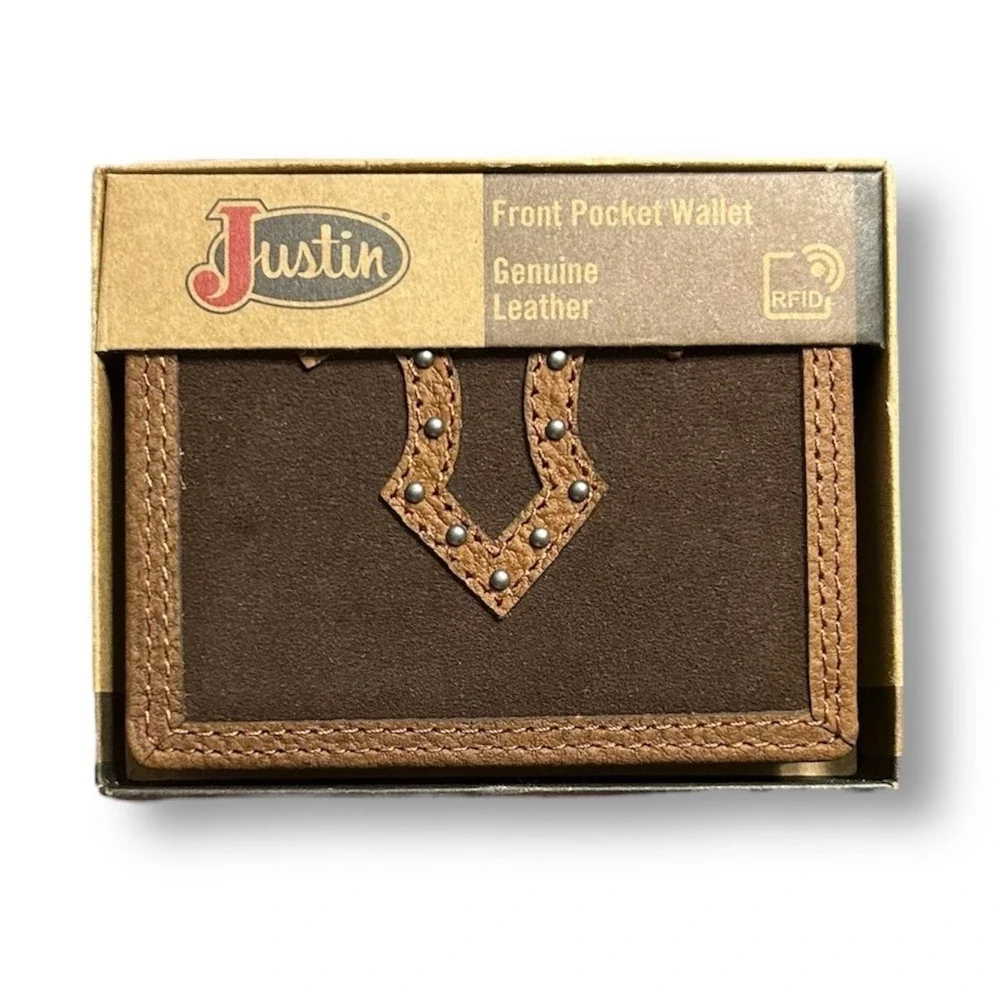 Justin Brown Genuine Leather Suede RFID Front Pocket Studded Slim Wallet Western